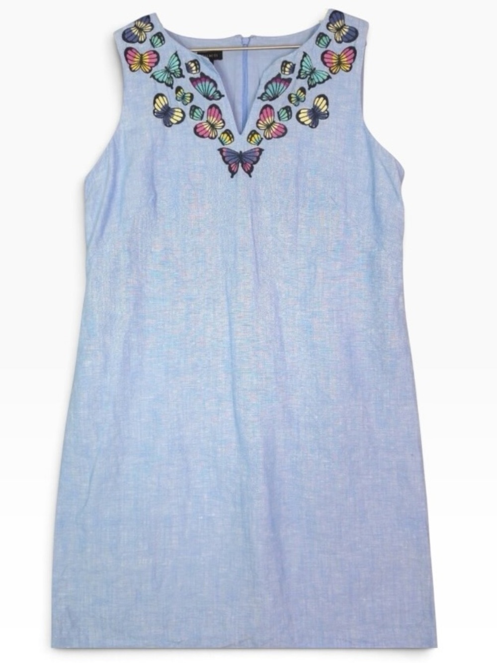 Talbots Embroidered Butterfly Chambray Midi Shift Dress, P2P:25”, L:40. - Picture 3 of 8
